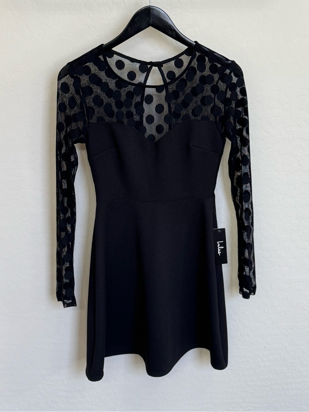 NWT Lulus In Hot Dot-ter Black Polka Dot Mesh Long Sleeve Skater Dress Small